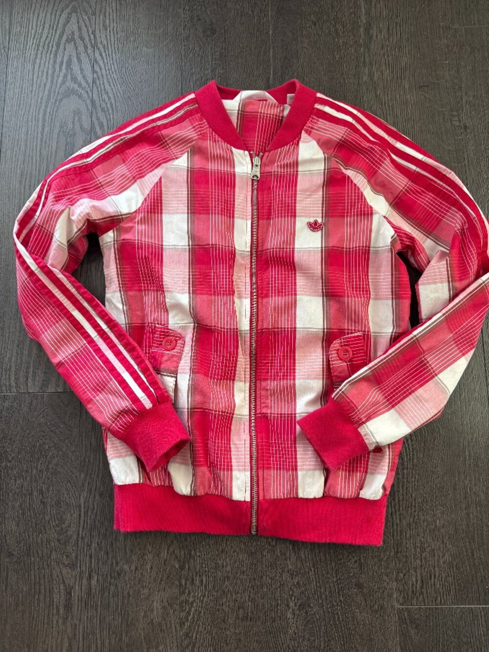 PINK STRIPED TARTAN ADIDAS WOMENS TRACK JACKET SIZE MEDIUM PREOWNED